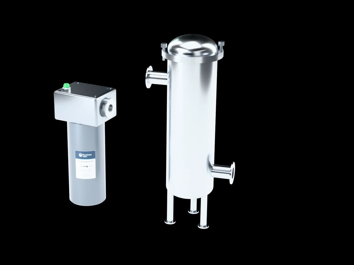 Inline hydraulic filter housing and a stainless steel bag filter housing