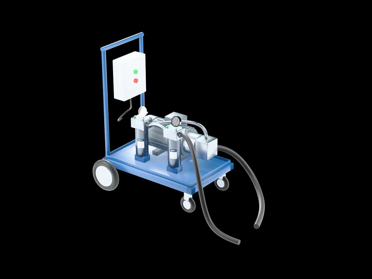 Mobile offline filtration trolley with motor-pump, two filter housings, gauges and hoses